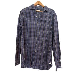 Giannetto Portofino Men's Cotton Button Down Shirt Made In Italy Blue Plaid L